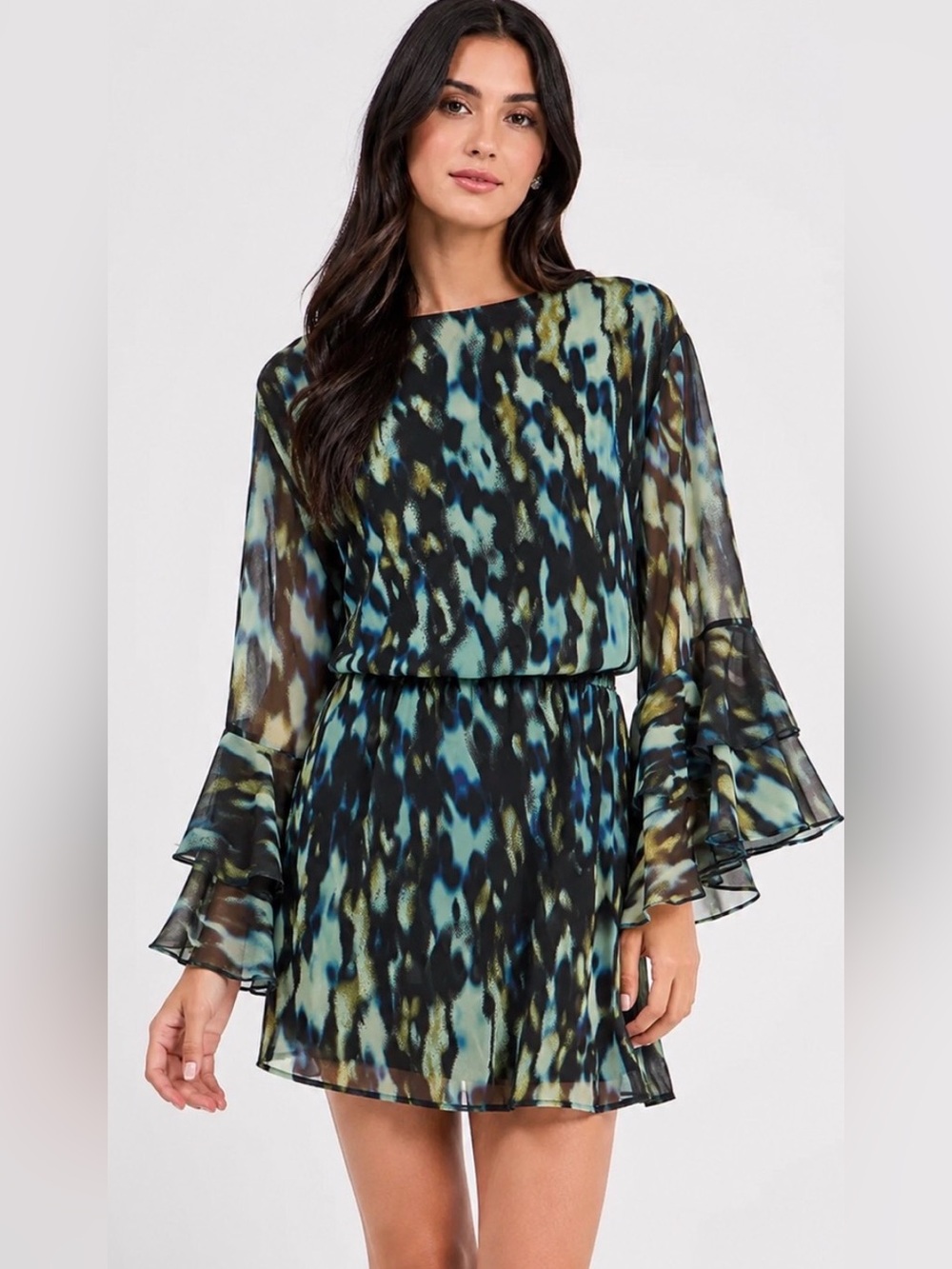 GUESS Galia Long Sleeve A-Line Dress • Untamed Print • Belted. Size 12. NWT!